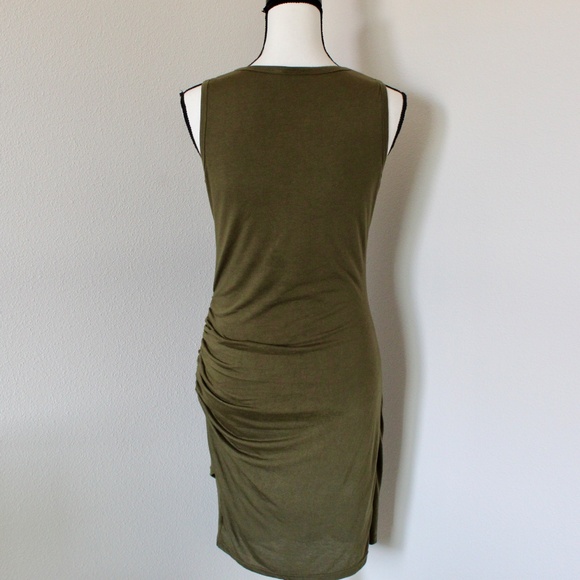 Olive Green Side Ruche Sleevless Bodycon Dress - Picture 5 of 7